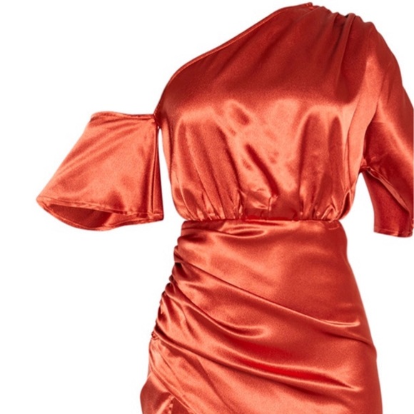 Rust Satin One Shoulder Ruched Skirt Midi Dress - Picture 2 of 4